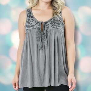 Knox Rose Women’s Gray Boho Sleeveless Mesh Embroidered Blouse Shirt Top Size S